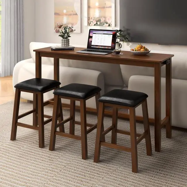 Alt view image 2 of 6 - 4-Piece Bar Table with Stools, Wooden Dining Bar Table & Chairs Set w/Power Outet, Kitchen Console Table w/ 3 Upholstered Stools for Living Room, Dining Room (Walnut Brown)
