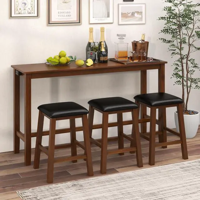 Alt view image 3 of 6 - 4-Piece Bar Table with Stools, Wooden Dining Bar Table & Chairs Set w/Power Outet, Kitchen Console Table w/ 3 Upholstered Stools for Living Room, Dining Room (Walnut Brown)