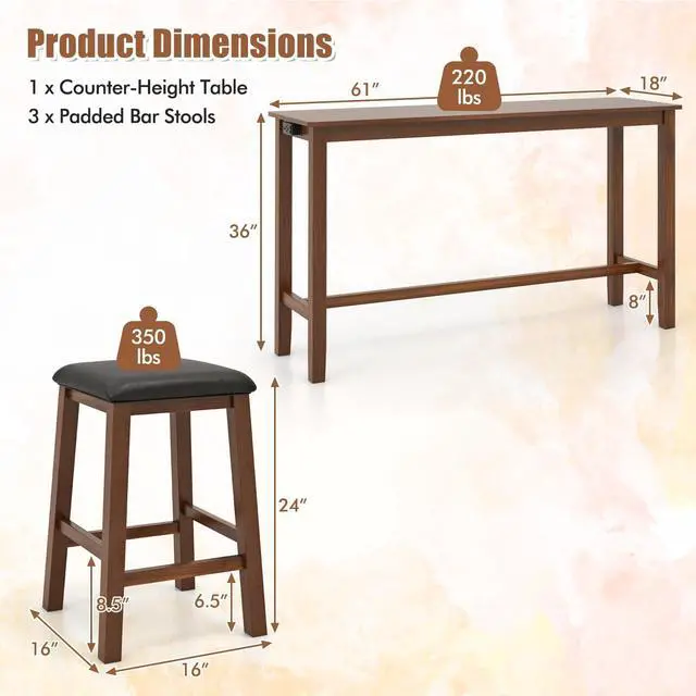 Alt view image 4 of 6 - 4-Piece Bar Table with Stools, Wooden Dining Bar Table & Chairs Set w/Power Outet, Kitchen Console Table w/ 3 Upholstered Stools for Living Room, Dining Room (Walnut Brown)