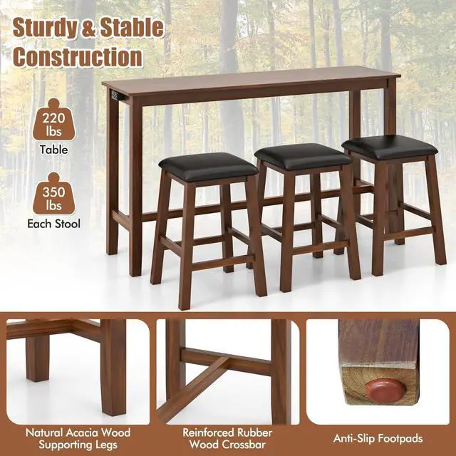 Alt view image 5 of 6 - 4-Piece Bar Table with Stools, Wooden Dining Bar Table & Chairs Set w/Power Outet, Kitchen Console Table w/ 3 Upholstered Stools for Living Room, Dining Room (Walnut Brown)