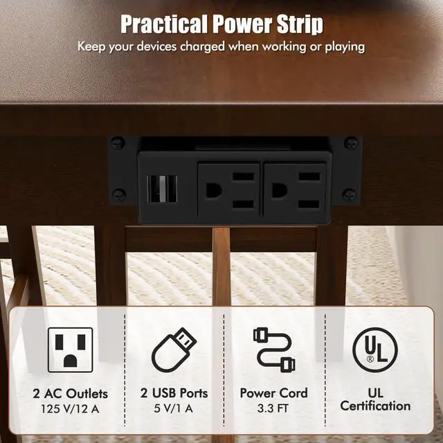 Alt view image 6 of 6 - 4-Piece Bar Table with Stools, Wooden Dining Bar Table & Chairs Set w/Power Outet, Kitchen Console Table w/ 3 Upholstered Stools for Living Room, Dining Room (Walnut Brown)