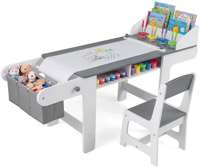 Main image of Kids Art Table and Chair, Wooden Children Craft Table with Paper Roll and Fabric Bins for Drawing Reading Studying Playing, Toddler Activity Desk Set for Home Playroom Classroom