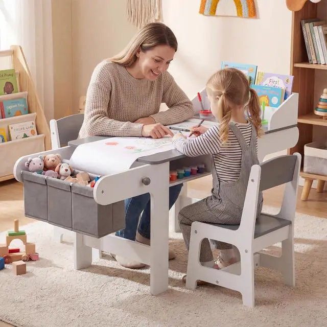 Alt view image 2 of 6 - Kids Art Table and Chair, Wooden Children Craft Table with Paper Roll and Fabric Bins for Drawing Reading Studying Playing, Toddler Activity Desk Set for Home Playroom Classroom