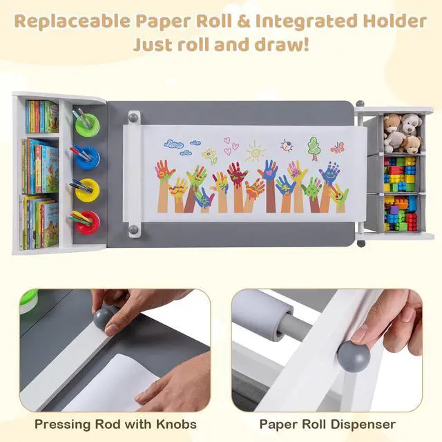 Alt view image 3 of 6 - Kids Art Table and Chair, Wooden Children Craft Table with Paper Roll and Fabric Bins for Drawing Reading Studying Playing, Toddler Activity Desk Set for Home Playroom Classroom