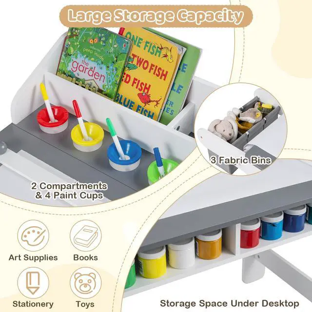 Alt view image 4 of 6 - Kids Art Table and Chair, Wooden Children Craft Table with Paper Roll and Fabric Bins for Drawing Reading Studying Playing, Toddler Activity Desk Set for Home Playroom Classroom