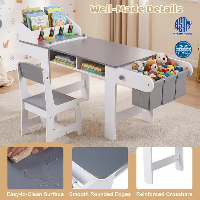Alt view image 5 of 6 - Kids Art Table and Chair, Wooden Children Craft Table with Paper Roll and Fabric Bins for Drawing Reading Studying Playing, Toddler Activity Desk Set for Home Playroom Classroom