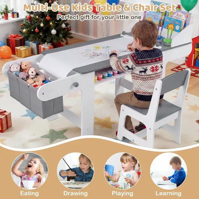Alt view image 6 of 6 - Kids Art Table and Chair, Wooden Children Craft Table with Paper Roll and Fabric Bins for Drawing Reading Studying Playing, Toddler Activity Desk Set for Home Playroom Classroom