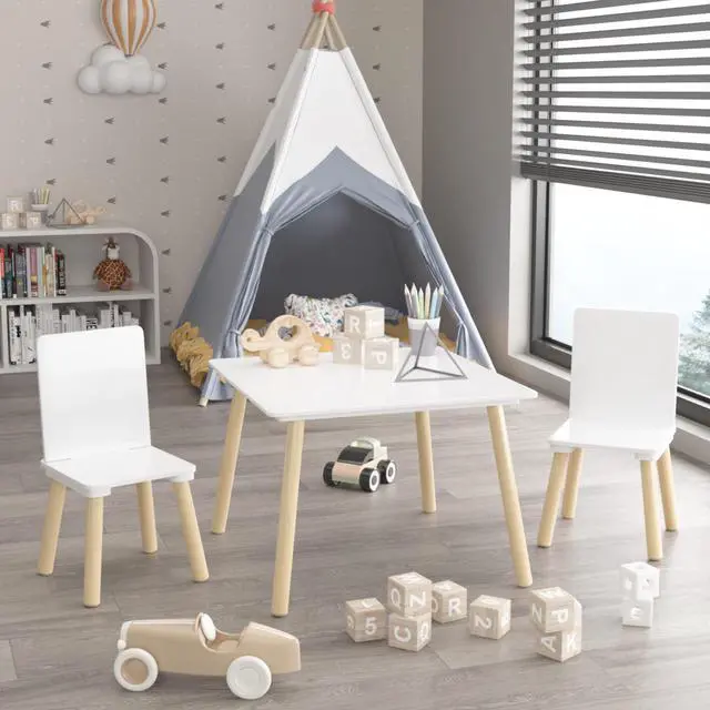 Main image of Kids Table and Chairs, Childrens Table and Chair Set of 3 Piece, Wooden Activity Play Table Set, Ideal for Arts & Crafts, Gift for Ages 2+, White