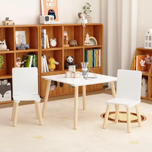 Alt view image 2 of 6 - Kids Table and Chairs, Childrens Table and Chair Set of 3 Piece, Wooden Activity Play Table Set, Ideal for Arts & Crafts, Gift for Ages 2+, White