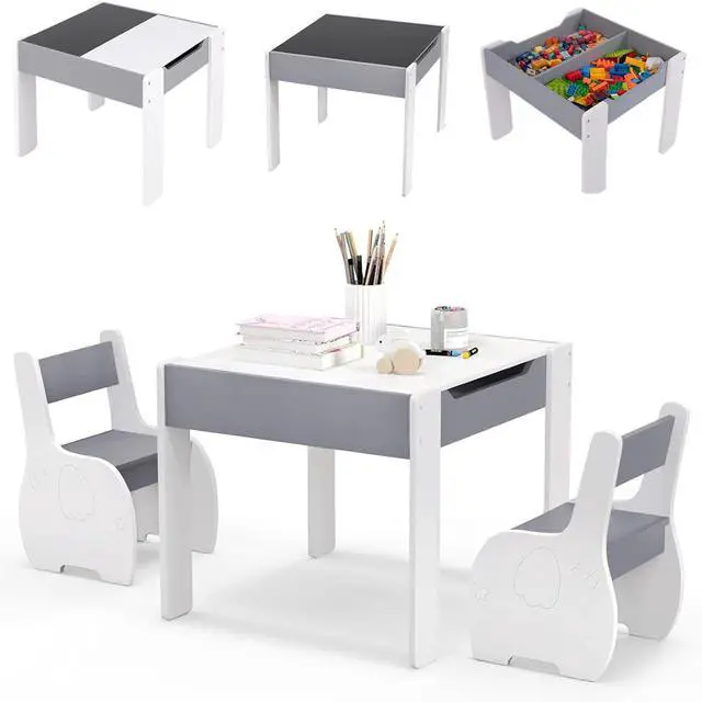 Main image of Kids Table and Chair Set, 4 in 1 Wooden Activity Table & 2 Chairs with Detachable Blackboard for Arts, Crafts, Drawing, Reading, Storage, 3 PCS Toddler Table and Chairs for Boys Girls (Gray)