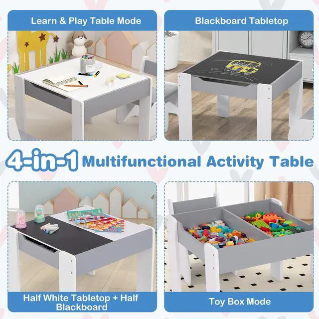 Alt view image 2 of 6 - Kids Table and Chair Set, 4 in 1 Wooden Activity Table & 2 Chairs with Detachable Blackboard for Arts, Crafts, Drawing, Reading, Storage, 3 PCS Toddler Table and Chairs for Boys Girls (Gray)