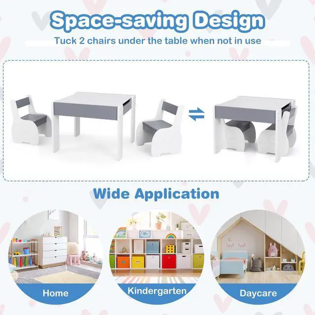 Alt view image 3 of 6 - Kids Table and Chair Set, 4 in 1 Wooden Activity Table & 2 Chairs with Detachable Blackboard for Arts, Crafts, Drawing, Reading, Storage, 3 PCS Toddler Table and Chairs for Boys Girls (Gray)