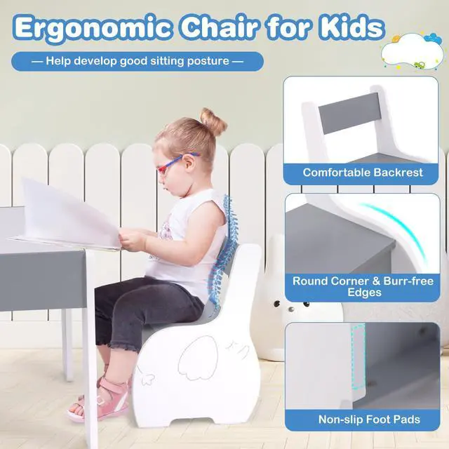 Alt view image 4 of 6 - Kids Table and Chair Set, 4 in 1 Wooden Activity Table & 2 Chairs with Detachable Blackboard for Arts, Crafts, Drawing, Reading, Storage, 3 PCS Toddler Table and Chairs for Boys Girls (Gray)