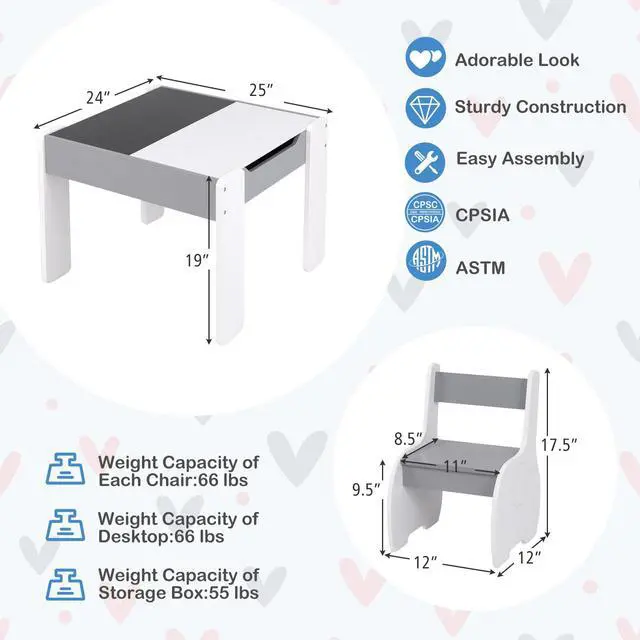 Alt view image 6 of 6 - Kids Table and Chair Set, 4 in 1 Wooden Activity Table & 2 Chairs with Detachable Blackboard for Arts, Crafts, Drawing, Reading, Storage, 3 PCS Toddler Table and Chairs for Boys Girls (Gray)