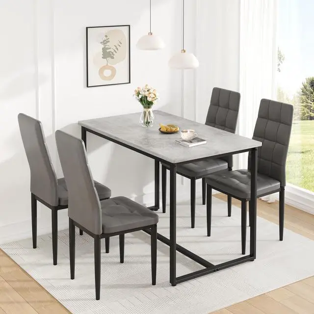 Alt view image 2 of 6 - Dining Table Set for 4, PVC Faux Marble Kitchen Table Chairs Set of 4 with Upholstered PU Leather, Easy to Maintain, Sturdy and Scratch-Resistant, Space-Saving Dining Room Set