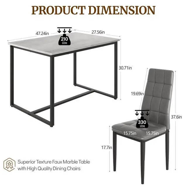 Alt view image 3 of 6 - Dining Table Set for 4, PVC Faux Marble Kitchen Table Chairs Set of 4 with Upholstered PU Leather, Easy to Maintain, Sturdy and Scratch-Resistant, Space-Saving Dining Room Set