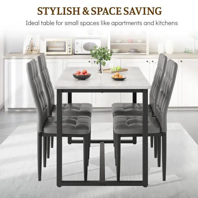 Alt view image 4 of 6 - Dining Table Set for 4, PVC Faux Marble Kitchen Table Chairs Set of 4 with Upholstered PU Leather, Easy to Maintain, Sturdy and Scratch-Resistant, Space-Saving Dining Room Set