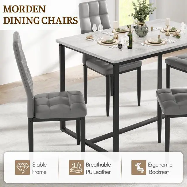 Alt view image 6 of 6 - Dining Table Set for 4, PVC Faux Marble Kitchen Table Chairs Set of 4 with Upholstered PU Leather, Easy to Maintain, Sturdy and Scratch-Resistant, Space-Saving Dining Room Set