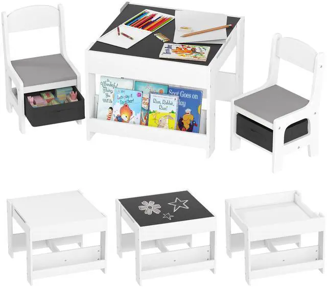 Main image of 3 Piece Kids Table and Chair Set, 4 in 1 Toddler Wooden Activity Table with Reversible Tabletop Blackboard, Storage & Bookshelves for Playroom, Nursery, Gray