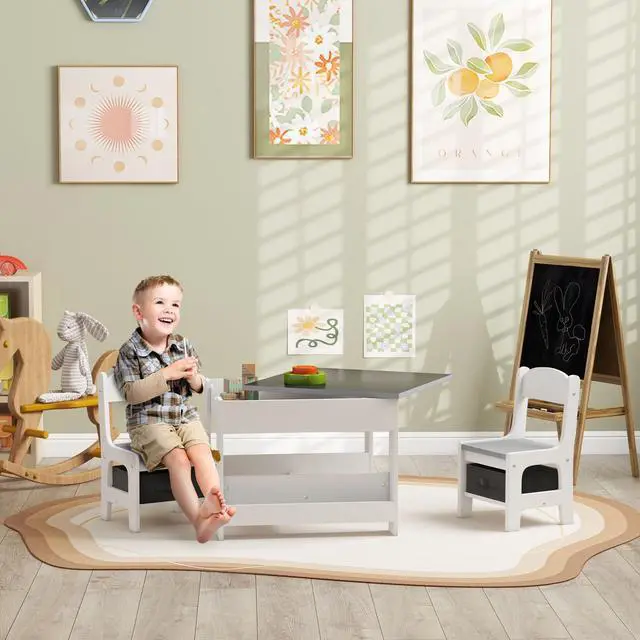 Alt view image 2 of 6 - 3 Piece Kids Table and Chair Set, 4 in 1 Toddler Wooden Activity Table with Reversible Tabletop Blackboard, Storage & Bookshelves for Playroom, Nursery, Gray