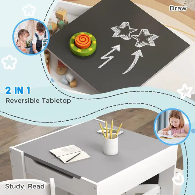 Alt view image 3 of 6 - 3 Piece Kids Table and Chair Set, 4 in 1 Toddler Wooden Activity Table with Reversible Tabletop Blackboard, Storage & Bookshelves for Playroom, Nursery, Gray