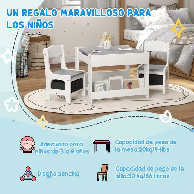 Alt view image 4 of 6 - 3 Piece Kids Table and Chair Set, 4 in 1 Toddler Wooden Activity Table with Reversible Tabletop Blackboard, Storage & Bookshelves for Playroom, Nursery, Gray
