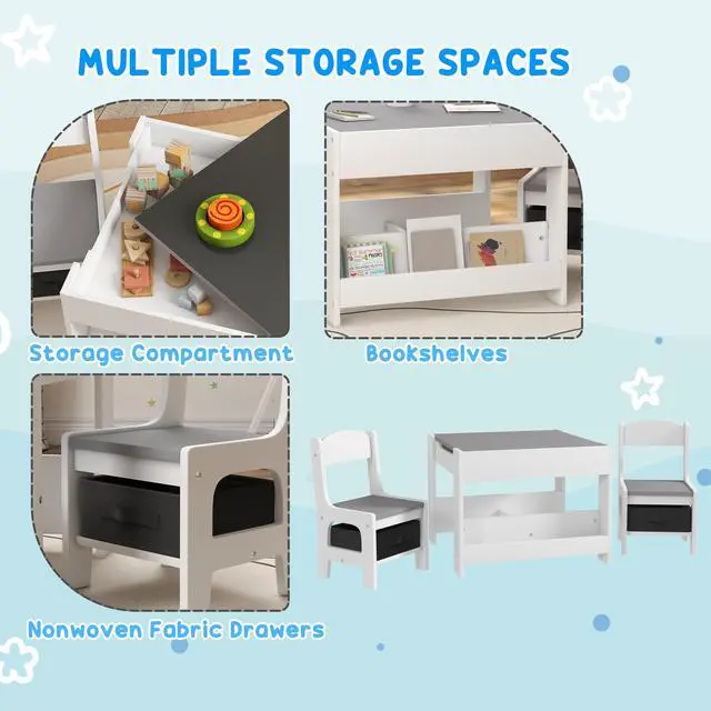 Alt view image 5 of 6 - 3 Piece Kids Table and Chair Set, 4 in 1 Toddler Wooden Activity Table with Reversible Tabletop Blackboard, Storage & Bookshelves for Playroom, Nursery, Gray