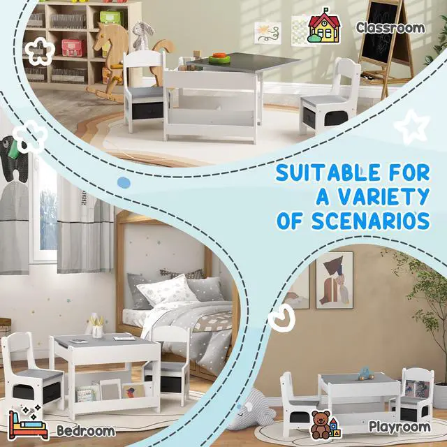 Alt view image 6 of 6 - 3 Piece Kids Table and Chair Set, 4 in 1 Toddler Wooden Activity Table with Reversible Tabletop Blackboard, Storage & Bookshelves for Playroom, Nursery, Gray