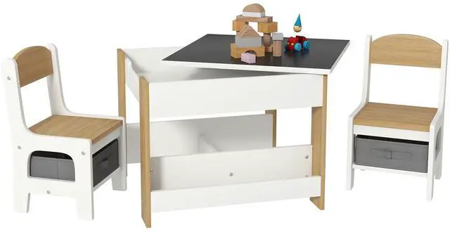Main image of 3 Piece Kids Table and Chair Set, 4 in 1 Toddler Wooden Activity Table with Reversible Tabletop Blackboard, Storage & Bookshelves for Playroom, Nursery, Natural