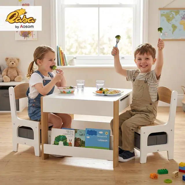 Alt view image 2 of 6 - 3 Piece Kids Table and Chair Set, 4 in 1 Toddler Wooden Activity Table with Reversible Tabletop Blackboard, Storage & Bookshelves for Playroom, Nursery, Natural