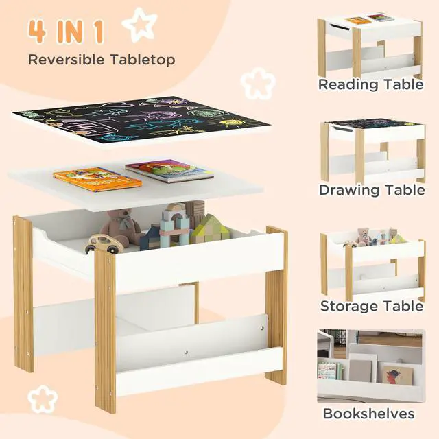Alt view image 3 of 6 - 3 Piece Kids Table and Chair Set, 4 in 1 Toddler Wooden Activity Table with Reversible Tabletop Blackboard, Storage & Bookshelves for Playroom, Nursery, Natural