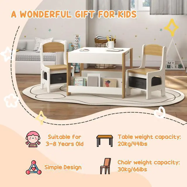 Alt view image 4 of 6 - 3 Piece Kids Table and Chair Set, 4 in 1 Toddler Wooden Activity Table with Reversible Tabletop Blackboard, Storage & Bookshelves for Playroom, Nursery, Natural