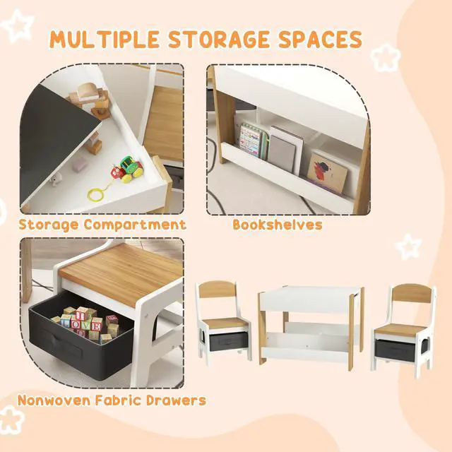 Alt view image 5 of 6 - 3 Piece Kids Table and Chair Set, 4 in 1 Toddler Wooden Activity Table with Reversible Tabletop Blackboard, Storage & Bookshelves for Playroom, Nursery, Natural