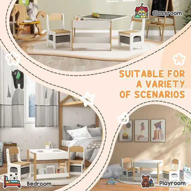 Alt view image 6 of 6 - 3 Piece Kids Table and Chair Set, 4 in 1 Toddler Wooden Activity Table with Reversible Tabletop Blackboard, Storage & Bookshelves for Playroom, Nursery, Natural