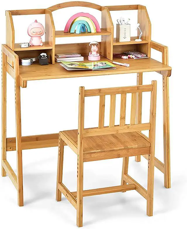 Main image of Kids Desk and Chair Set, Height Adjustable Bamboo Study Desk with Storage Hutch and Bookshelf, Wooden Writing Table for Toddlers and Kids, Easy-Clean Surface, Natural (01)
