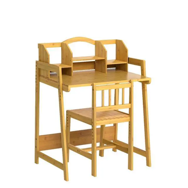 Alt view image 4 of 6 - Kids Desk and Chair Set, Height Adjustable Bamboo Study Desk with Storage Hutch and Bookshelf, Wooden Writing Table for Toddlers and Kids, Easy-Clean Surface, Natural (01)