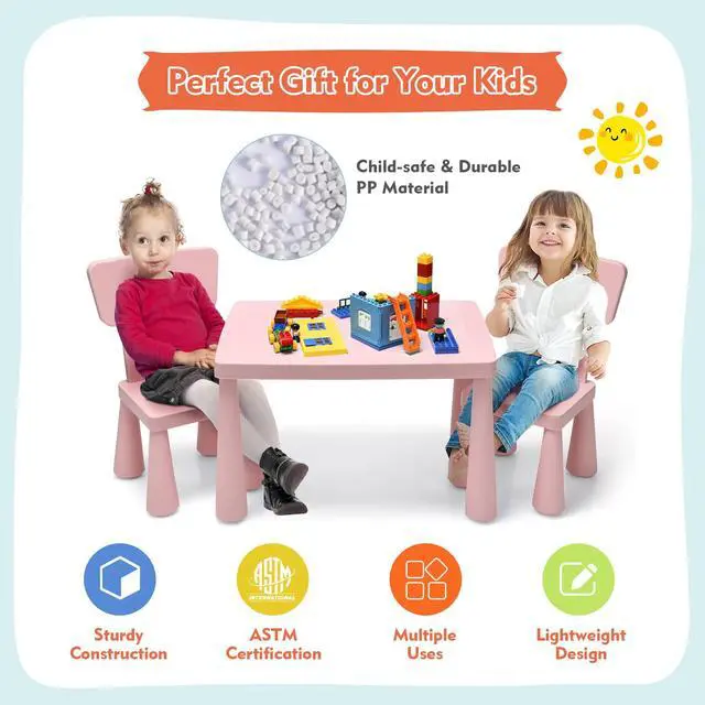 Alt view image 3 of 6 - 3-Piece Kids Table and Chairs Set, Lightweight Plastic Children Activity Center for Reading, Writing, Painting, Snack Time, Kids Furniture Art Study Desk & Chairs Set for Ages 1-7 (Pink)