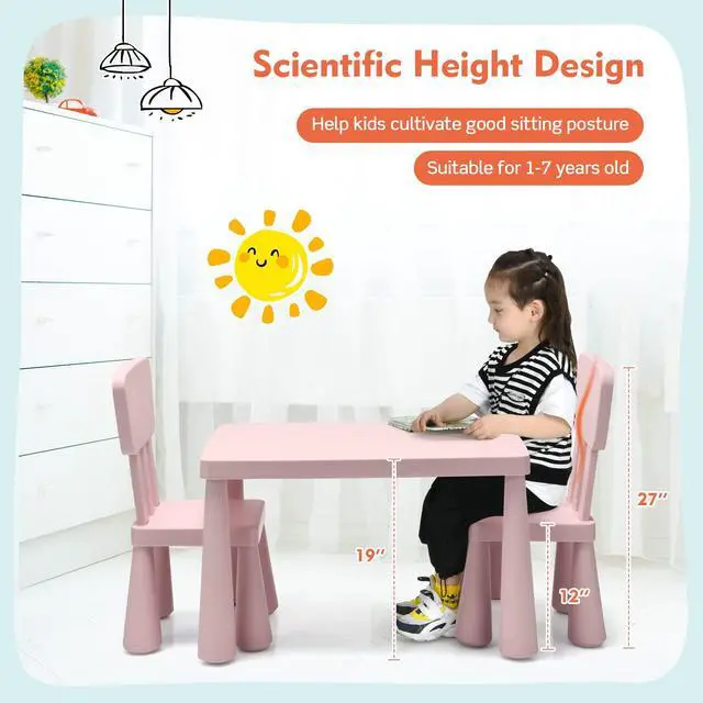 Alt view image 5 of 6 - 3-Piece Kids Table and Chairs Set, Lightweight Plastic Children Activity Center for Reading, Writing, Painting, Snack Time, Kids Furniture Art Study Desk & Chairs Set for Ages 1-7 (Pink)