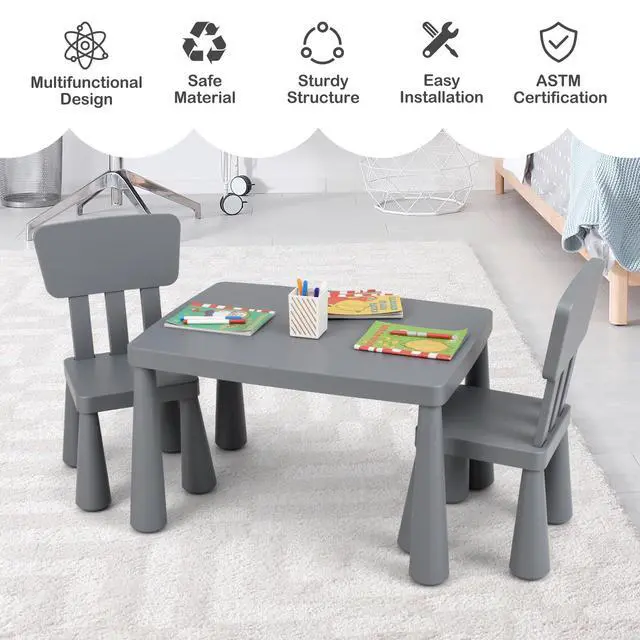 Alt view image 3 of 6 - 3-Piece Kids Table and Chairs Set, Lightweight Plastic Children Activity Center for Reading, Writing, Painting, Snack Time, Kids Furniture Art Study Desk & Chairs Set for Ages 1-7 (Grey)