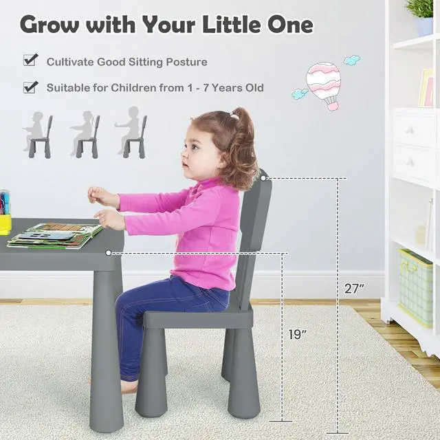 Alt view image 5 of 6 - 3-Piece Kids Table and Chairs Set, Lightweight Plastic Children Activity Center for Reading, Writing, Painting, Snack Time, Kids Furniture Art Study Desk & Chairs Set for Ages 1-7 (Grey)