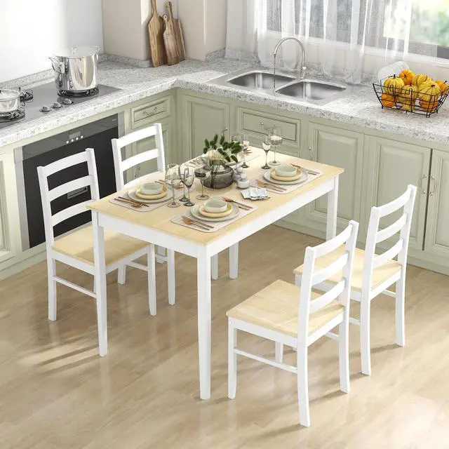 Alt view image 2 of 6 - 5 Piece Dining Table Set for 4, Space Saving Rectangular Dining Room Table with Rubber Wood Legs, Modern Kitchen Table Chairs Set of 4 for Dining Room, Living Room & Breakfast Nook (Natural)