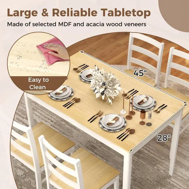 Alt view image 4 of 6 - 5 Piece Dining Table Set for 4, Space Saving Rectangular Dining Room Table with Rubber Wood Legs, Modern Kitchen Table Chairs Set of 4 for Dining Room, Living Room & Breakfast Nook (Natural)