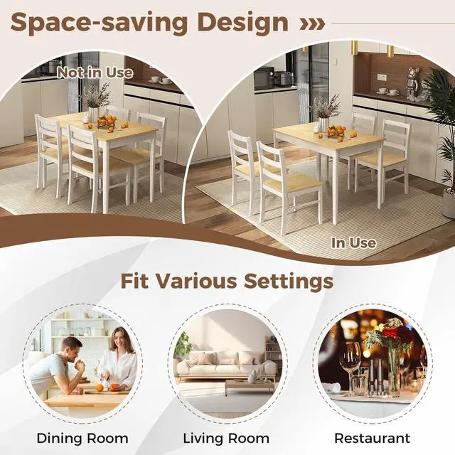 Alt view image 5 of 6 - 5 Piece Dining Table Set for 4, Space Saving Rectangular Dining Room Table with Rubber Wood Legs, Modern Kitchen Table Chairs Set of 4 for Dining Room, Living Room & Breakfast Nook (Natural)