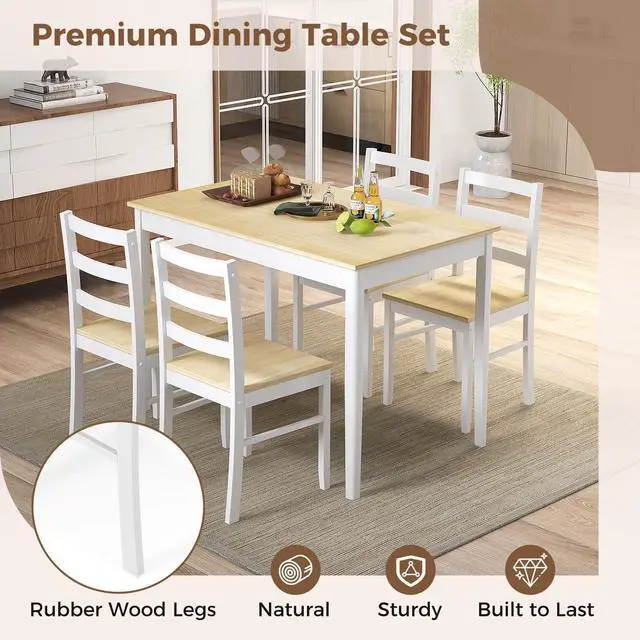 Alt view image 6 of 6 - 5 Piece Dining Table Set for 4, Space Saving Rectangular Dining Room Table with Rubber Wood Legs, Modern Kitchen Table Chairs Set of 4 for Dining Room, Living Room & Breakfast Nook (Natural)