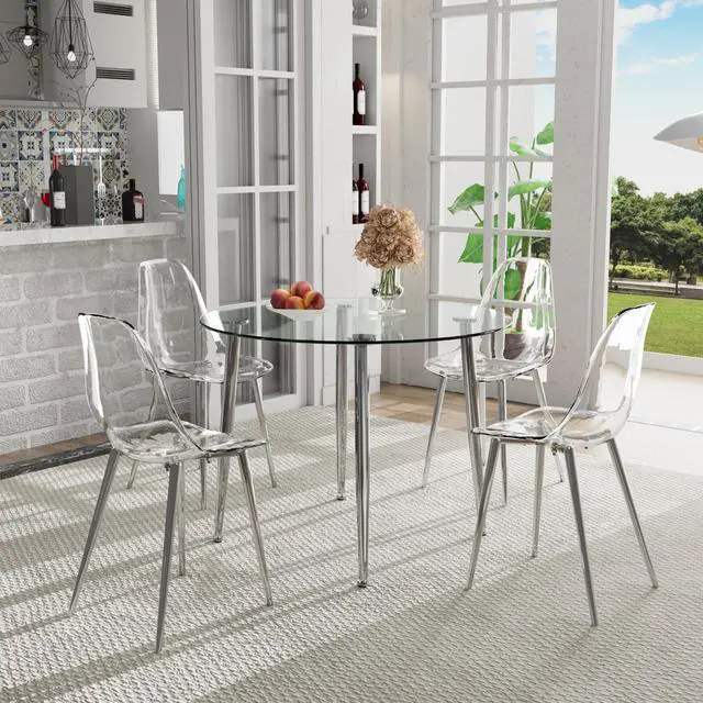 Main image of Silver Clear Round Glass Dining Table Set for 4, 36'' Small Minimalist Circle Kitchen Set, 5 Piece Modern Luxury Circular Dinner Room Set, Clear Acrylic Chairs, for Apartment Living Room