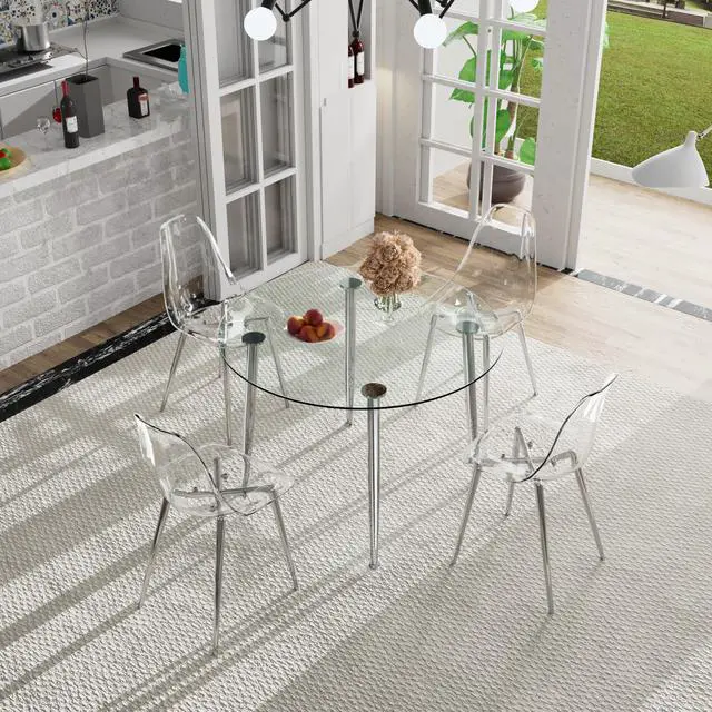 Alt view image 2 of 6 - Silver Clear Round Glass Dining Table Set for 4, 36'' Small Minimalist Circle Kitchen Set, 5 Piece Modern Luxury Circular Dinner Room Set, Clear Acrylic Chairs, for Apartment Living Room