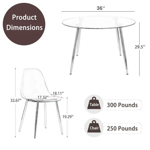 Alt view image 3 of 6 - Silver Clear Round Glass Dining Table Set for 4, 36'' Small Minimalist Circle Kitchen Set, 5 Piece Modern Luxury Circular Dinner Room Set, Clear Acrylic Chairs, for Apartment Living Room