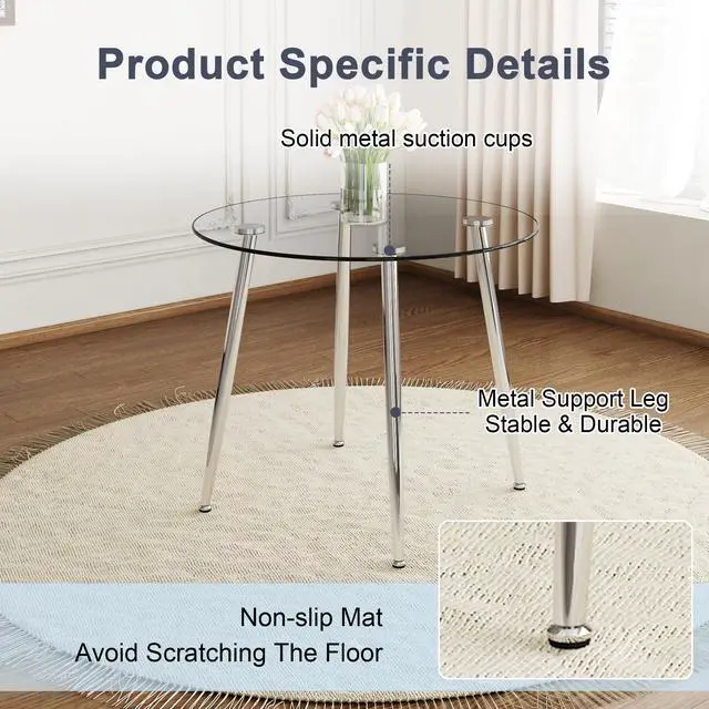 Alt view image 6 of 6 - Silver Clear Round Glass Dining Table Set for 4, 36'' Small Minimalist Circle Kitchen Set, 5 Piece Modern Luxury Circular Dinner Room Set, Clear Acrylic Chairs, for Apartment Living Room