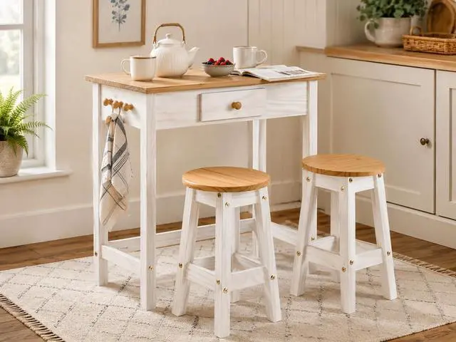 Main image of Breakfast Table Set with Stools, Solid Wood Kitchen Table and 2 Stools, Space-Saving Dining Set for Small Spaces, Apartments, Kitchen and Dining Room