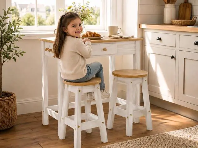 Alt view image 2 of 6 - Breakfast Table Set with Stools, Solid Wood Kitchen Table and 2 Stools, Space-Saving Dining Set for Small Spaces, Apartments, Kitchen and Dining Room